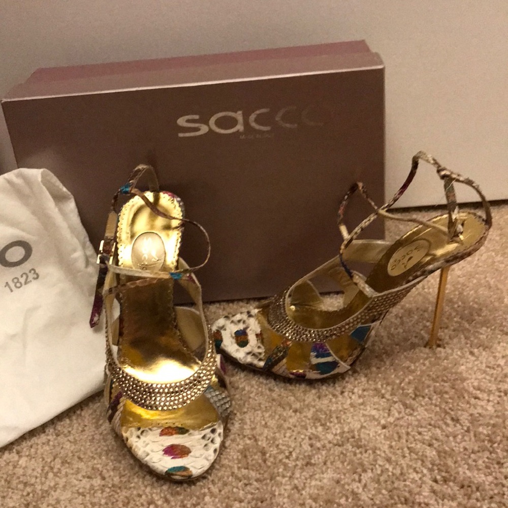 Sacco python and Swarovski crystal heeled sandals